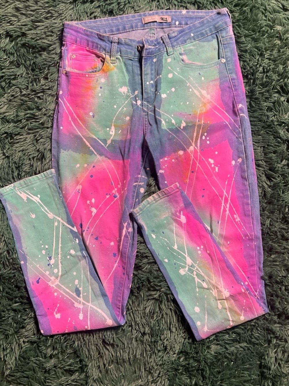 Hand-Painted Pink & Green Skinny Jeans